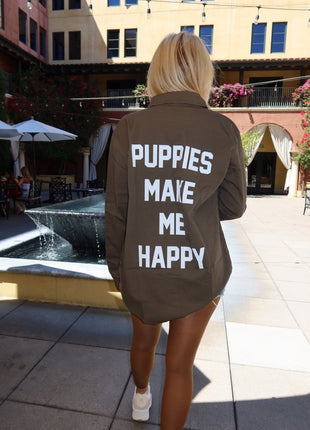 Puppies Make Me Happy Military Button Up | Present For Dog Lover