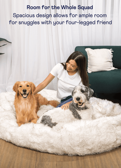 PupCloud™ Human-Size Faux Fur Memory Foam Dog Bed - White with Brown Accents