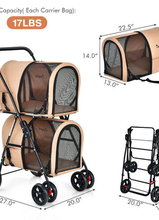 4-in-1 Double Pet Stroller with Detachable Carrier and Travel Carriage