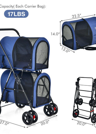 4-in-1 Double Pet Stroller with Detachable Carrier and Travel Carriage