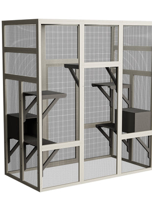 Large Outdoor Gray Wooden Catio – Solid Wood Cat Enclosure with 5 Platforms & 2 Resting Boxes, UV-Resistant & Waterproof Outdoor Cat House Shelter Playpen