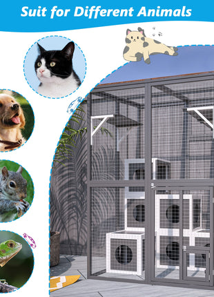 Outdoor Wooden Cat Catio - Large Solid Wood Cat Cage Playpen with 2 Jumping Platforms & 7 Napping Houses, Walk-in Cat Kennel Condo Shelter, Grey