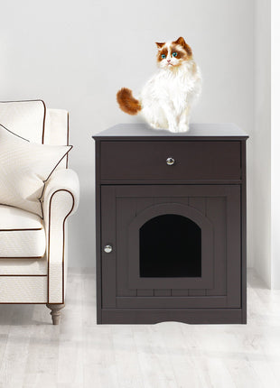 Wooden Pet House Cat Litter Box Enclosure with Drawer, Side Table, Indoor Pet Crate, Cat Home Nightstand (Brown)