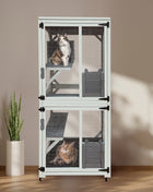 30.7'  Wooden Catio Outdoor Cat Enclosure, Luxury Cat House on Wheels with Napping House, 4 Platforms & Weatherproof Asphalt Roof, Large Kitty Cat Condo Cage Shelter Playpen with Sliding Doors