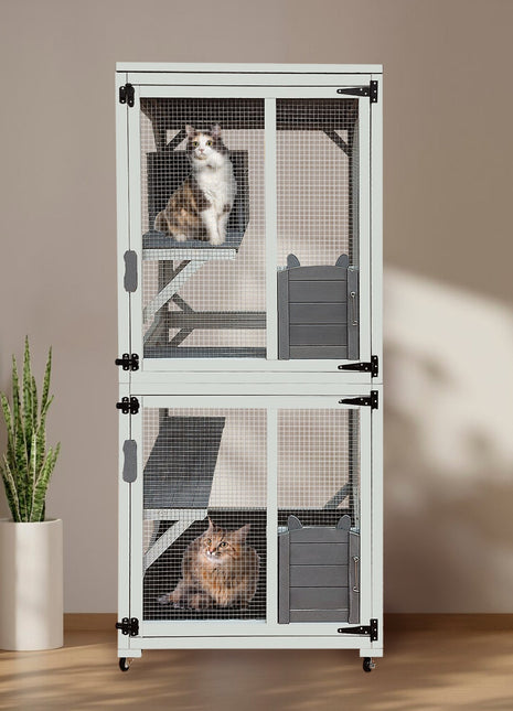 30.7'  Wooden Catio Outdoor Cat Enclosure, Luxury Cat House on Wheels with Napping House, 4 Platforms & Weatherproof Asphalt Roof, Large Kitty Cat Condo Cage Shelter Playpen with Sliding Doors