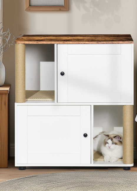 Double Cat Litter Box Enclouse,Cat Litter Box Enclosure for 2 Cats, Cat Litter Cabinet, Double Litter Box Enclosure with Shelve, Fit Most of Litter Box, White+Vintage