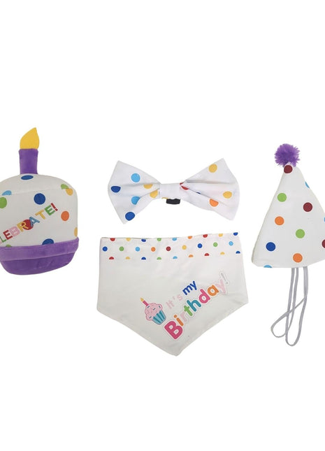 4-Piece Dog Birthday Kit – Celebrate in Style with Bandana, Hat, Bow Tie & Plush Toy