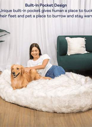 PupCloud™ Human-Size Faux Fur Memory Foam Dog Bed - White with Brown Accents