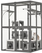 Outdoor Wooden Cat Catio - Large Solid Wood Cat Cage Playpen with 2 Jumping Platforms & 7 Napping Houses, Walk-in Cat Kennel Condo Shelter, Grey
