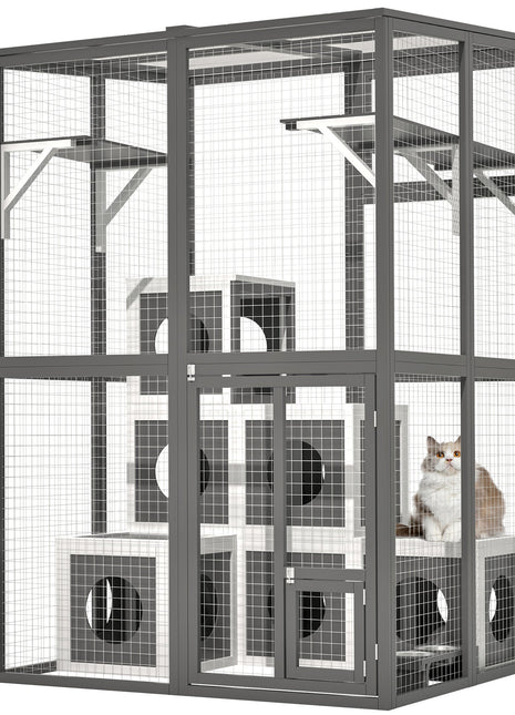 Outdoor Wooden Cat Catio - Large Solid Wood Cat Cage Playpen with 2 Jumping Platforms & 7 Napping Houses, Walk-in Cat Kennel Condo Shelter, Grey