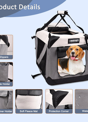 Jespet & GOOPAWS Indoor & Outdoor 3-Door Collapsible Soft-Sided Dog, Cat & Small Pet Crate, Light Grey, 24''