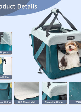 Jespet & GOOPAWS Indoor & Outdoor 3-Door Collapsible Soft-Sided Dog, Cat & Small Pet Crate, Teal Blue, 24''