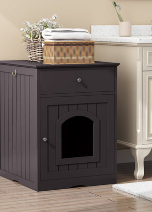 Wooden Pet House Cat Litter Box Enclosure with Drawer, Side Table, Indoor Pet Crate, Cat Home Nightstand (Brown)
