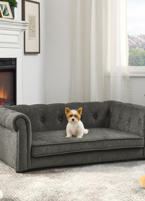 Modern Style Elegant Rectangle Pet Bed for Small and Medium Dogs, Durable Elevated Dog Sofa, Dark Grey Foam