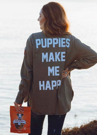 Puppies Make Me Happy Military Button Up | Present For Dog Lover