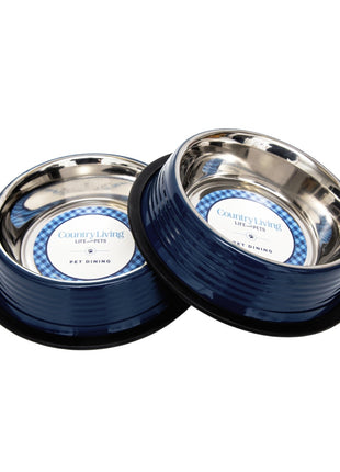 Country Living Set of 2 Ribbed Non-Slip Pet Bowls – Poseidon Blue