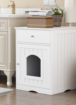 Wooden Pet House Cat Litter Box Enclosure with Drawer, Side Table, Indoor Pet Crate, Cat Home Nightstand (White)