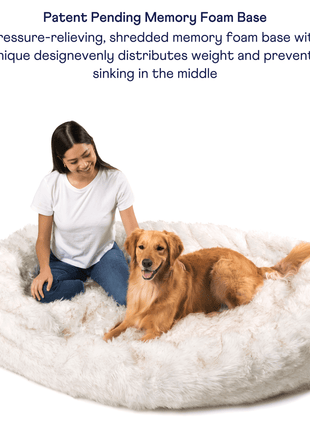 PupCloud™ Human-Size Faux Fur Memory Foam Dog Bed - White with Brown Accents