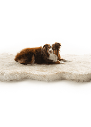 PupRug® Runner Faux Fur Memory Foam Dog Bed - Curve White with Brown Accents