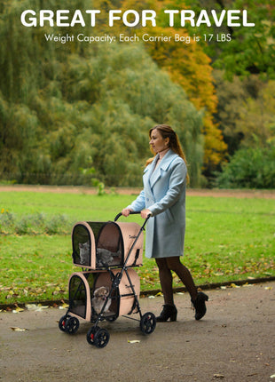 4-in-1 Double Pet Stroller with Detachable Carrier and Travel Carriage