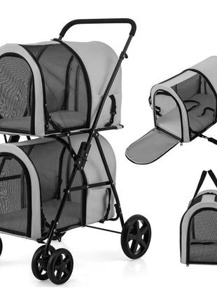 4-in-1 Double Pet Stroller with Detachable Carrier and Travel Carriage