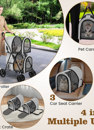 4-in-1 Double Pet Stroller with Detachable Carrier and Travel Carriage
