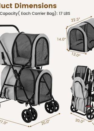 4-in-1 Double Pet Stroller with Detachable Carrier and Travel Carriage