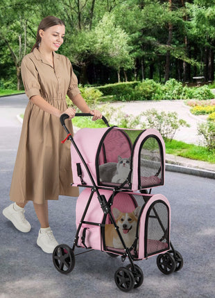 4-in-1 Double Pet Stroller with Detachable Carrier and Travel Carriage