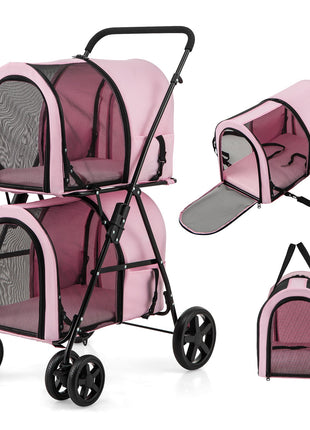 4-in-1 Double Pet Stroller with Detachable Carrier and Travel Carriage