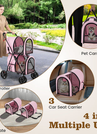 4-in-1 Double Pet Stroller with Detachable Carrier and Travel Carriage