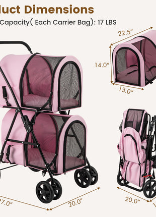 4-in-1 Double Pet Stroller with Detachable Carrier and Travel Carriage