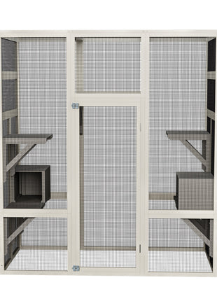 Large Outdoor Gray Wooden Catio – Solid Wood Cat Enclosure with 5 Platforms & 2 Resting Boxes, UV-Resistant & Waterproof Outdoor Cat House Shelter Playpen