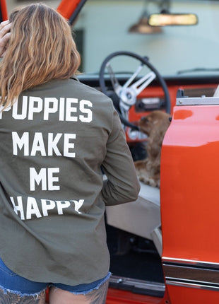 Puppies Make Me Happy Military Button Up | Present For Dog Lover