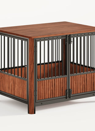 31.5'' Walnut Fluted Wood Furniture Style Dog Crate for small & Medium Dogs - Double Door Design, Decorative Pet House & Indoor Side End Table.