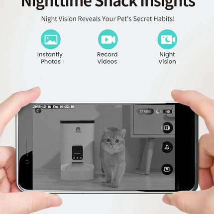 Automatic Pet Feeder with Camera, App Control, Voice Recorder, Timed Feeder for Schedule Feeding, Dual Power Supply,Wifi Pet Food Dispenser with App Control