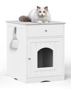 Wooden Pet House Cat Litter Box Enclosure with Drawer, Side Table, Indoor Pet Crate, Cat Home Nightstand (White)