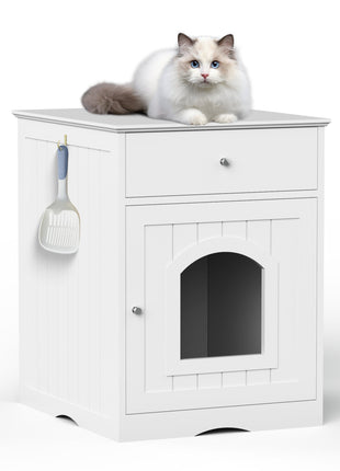 Wooden Pet House Cat Litter Box Enclosure with Drawer, Side Table, Indoor Pet Crate, Cat Home Nightstand (White)