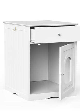 Wooden Pet House Cat Litter Box Enclosure with Drawer, Side Table, Indoor Pet Crate, Cat Home Nightstand (White)