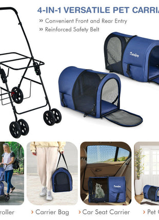 4-in-1 Double Pet Stroller with Detachable Carrier and Travel Carriage