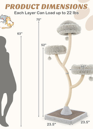 70" Tall Metal Cat Tree Tower with 3 Plush Perches & Sisal Scratching Posts