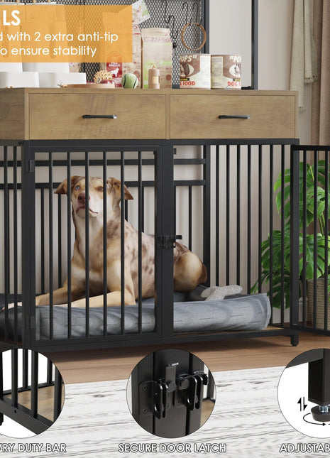 71" Tall Dog Crates Furniture, Indoor Dogs Kennel Furniture with Hutch, 42"W Dog Cage Furniture for Large/Medium Dogs, Decorative Sturdy Pet House, Rustic Brown