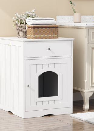 Wooden Pet House Cat Litter Box Enclosure with Drawer, Side Table, Indoor Pet Crate, Cat Home Nightstand (White)