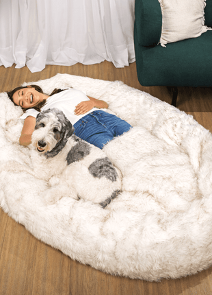 PupCloud™ Human-Size Faux Fur Memory Foam Dog Bed - White with Brown Accents