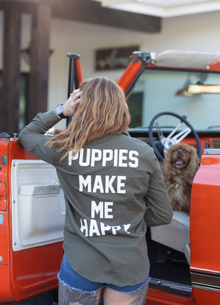 Puppies Make Me Happy Military Button Up | Present For Dog Lover