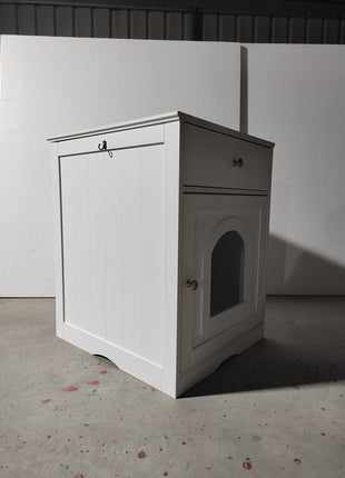 Wooden Pet House Cat Litter Box Enclosure with Drawer, Side Table, Indoor Pet Crate, Cat Home Nightstand (White)