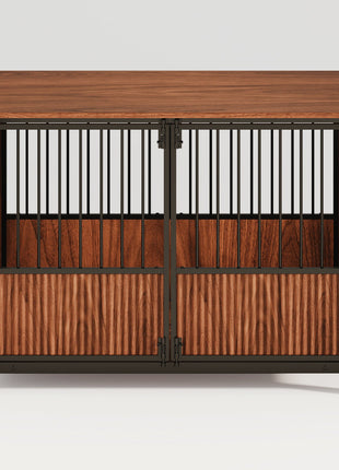 43'' Walnut Fluted Wood Furniture Style Dog Crate for Large & Medium Dogs - Double Door Design, Decorative Pet House & Indoor Side End Table.