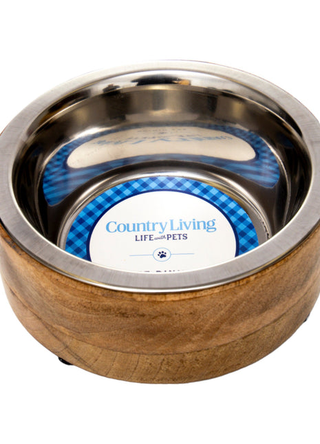 Country Living Stainless Steel Dog Bowl with Cylindrical Mango Wood Holder