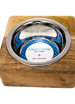 Country Living Elegant Stainless Steel Dog Bowl with Square Mango Wood Holder – 1 Quart