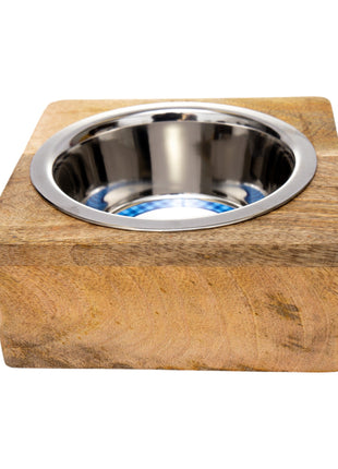 Country Living Elegant Stainless Steel Dog Bowl with Square Mango Wood Holder – 1 Quart
