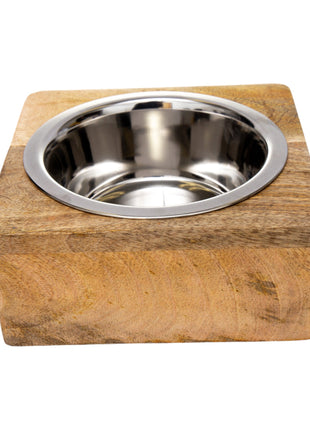 Country Living Elegant Stainless Steel Dog Bowl with Square Mango Wood Holder – 1 Quart